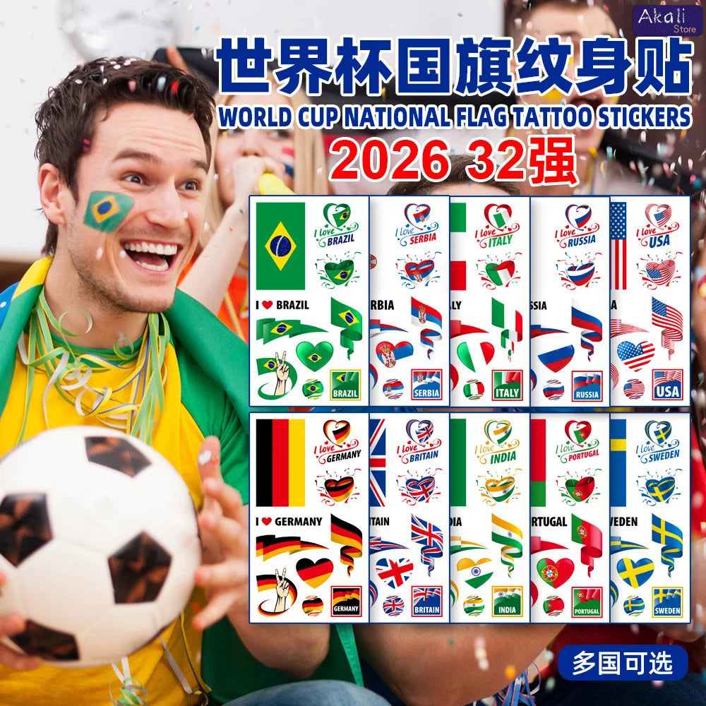 Lot de 10 tatouages temporaires imperméables drapeaux nationaux pour la Coupe du Monde 2026 – Autocollants visage et corps pour les supporters de football – Décorations de match