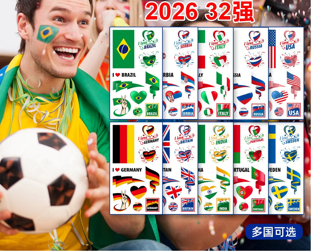 Lot de 10 tatouages temporaires imperméables drapeaux nationaux pour la Coupe du Monde 2026 – Autocollants visage et corps pour les supporters de football – Décorations de match