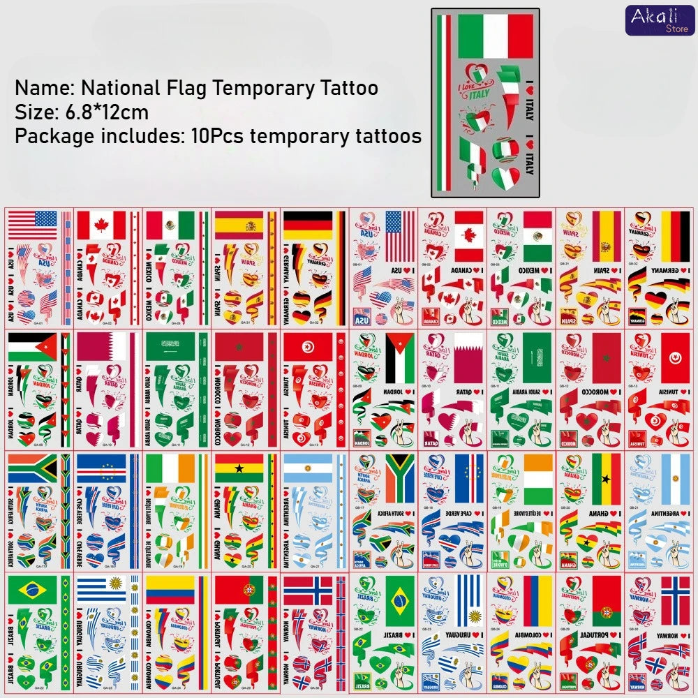 Lot de 10 tatouages temporaires imperméables drapeaux nationaux pour la Coupe du Monde 2026 – Autocollants visage et corps pour les supporters de football – Décorations de match
