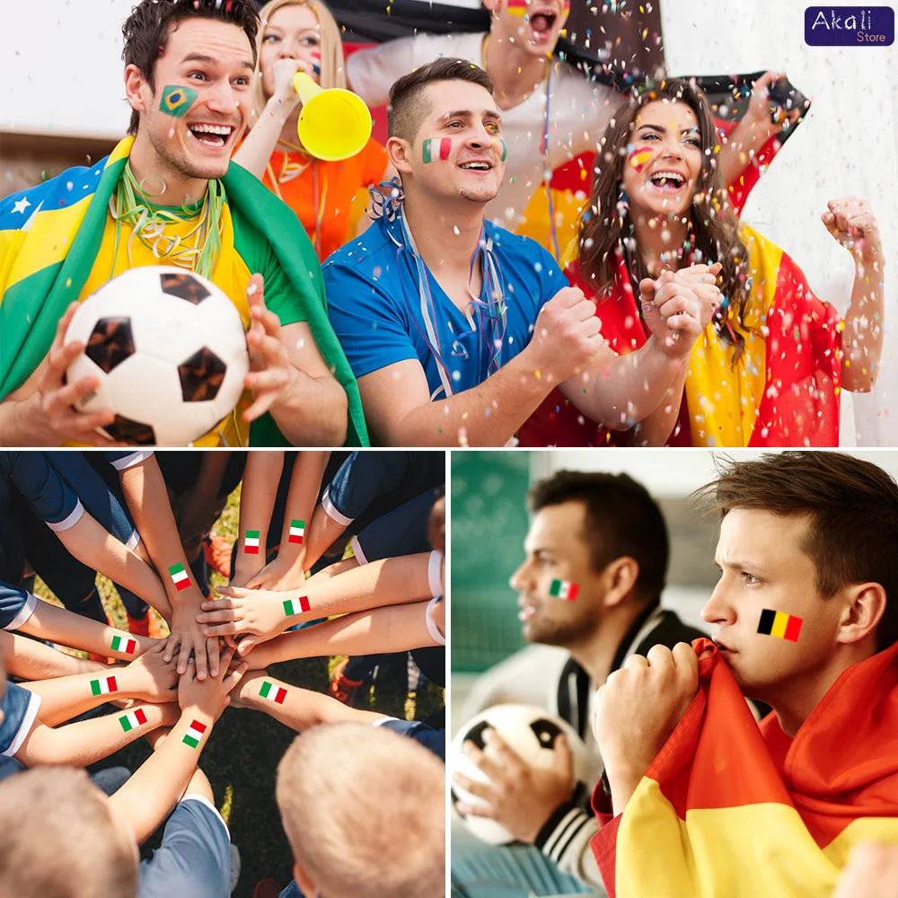 Lot de 10 tatouages temporaires imperméables drapeaux nationaux pour la Coupe du Monde 2026 – Autocollants visage et corps pour les supporters de football – Décorations de match
