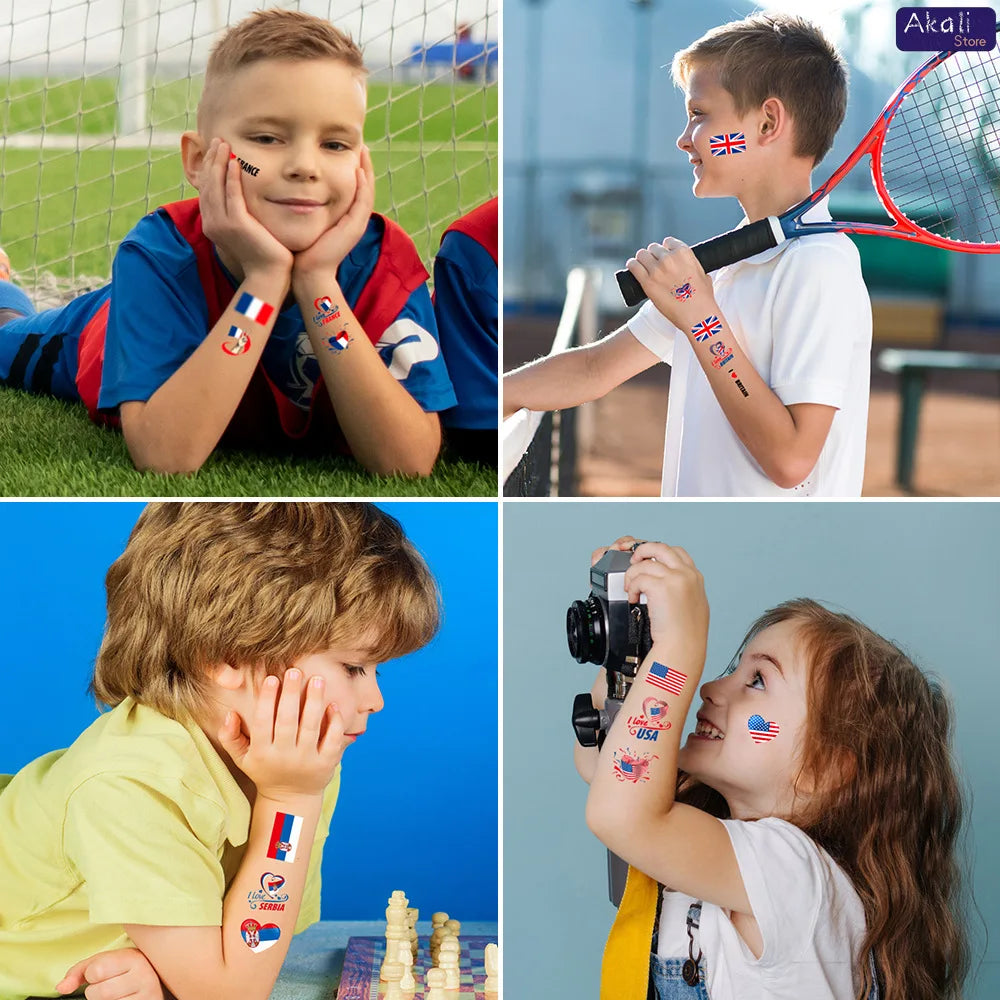 Lot de 10 tatouages temporaires imperméables drapeaux nationaux pour la Coupe du Monde 2026 – Autocollants visage et corps pour les supporters de football – Décorations de match