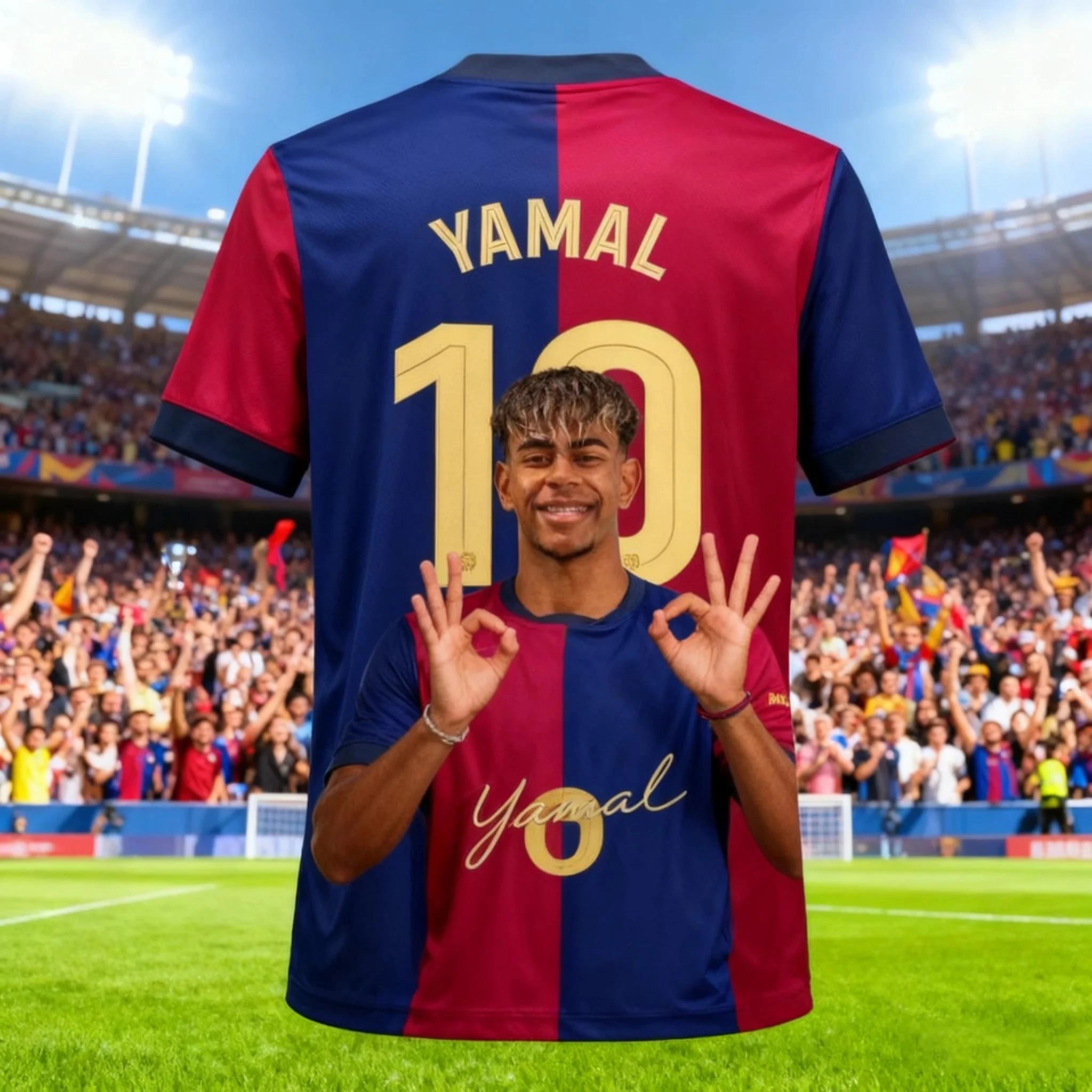 Maillot du FC Barcelone – T-shirt de football Blaugrana avec portrait et signature de joueur, idéal pour les fans du Barça et le sportswear football.