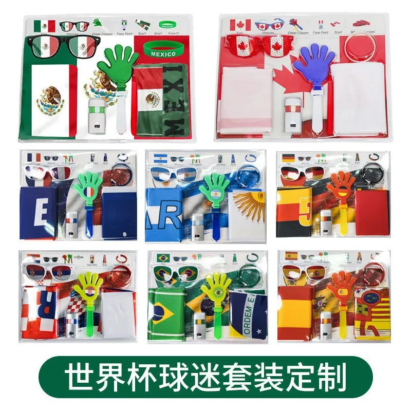 Kit d'accessoires pour supporters sur le thème du football 2026 - Peinture pour les yeux et le visage mélangeable, drapeau national, écharpe de supporter, claquettes de supporter, bracelets et lunettes